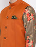 Vastramay Men's Orange Twill Jacket, Printed Kurta and Pyjama Set